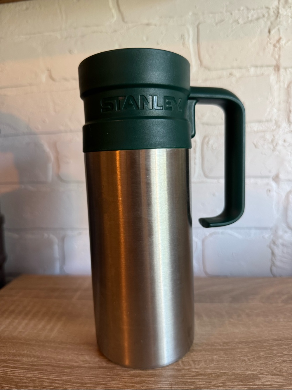 Vintage Stanley Stainless Steel Travel Mug with Dark Green Lid & Handle 20-00541